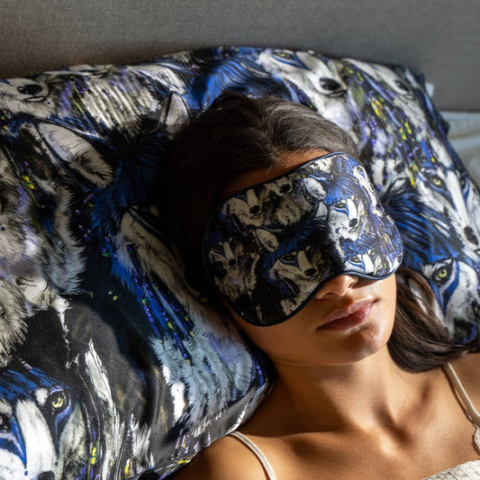 Wolves Navy Silk Pillow Case & Eye Mask